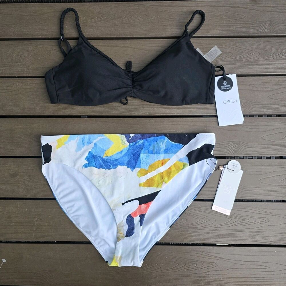 CALIA Women's Pure Black Bikini Top & Collage Mid Rise Band Bikini Sz L New
